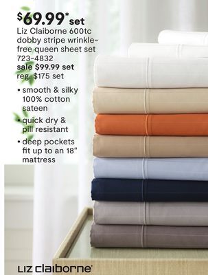JC Penney Liz claiborne 600tc dobby stripe wrinkle-free queen sheet set offer