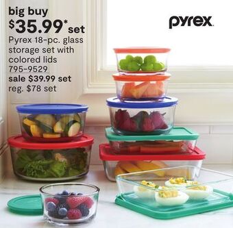 JC Penney Pyrex 18-pc. glass storage set with colored lids offer
