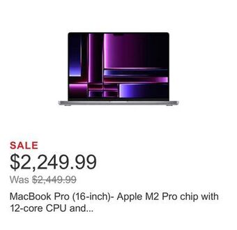Costco Macbook pro (16-inch)- apple m2 pro chip with 12‑core cpu and 19‑core gpu, 512gb ssd (2023) offer
