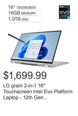 Costco Lg gram 2-in-1 16 touchscreen intel evo platform laptop - 12th gen intel core i7-1260p - 2560 x 1600 - windows 11 offer