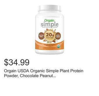 Costco Orgain usda organic simple plant protein powder, chocolate peanut butter cup, 32.6 oz offer