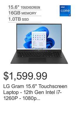 Costco Lg gram 15.6 touchscreen laptop - 12th gen intel i7-1260p - 1080p - windows 11 offer