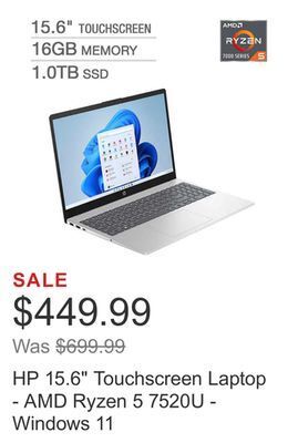 Costco Hp 15.6 touchscreen laptop - amd ryzen 5 7520u - windows 11 offer
