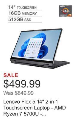 Costco Lenovo flex 5 14 2-in-1 touchscreen laptop - amd ryzen 7 5700u - 2240 x 1400 - windows 11 offer