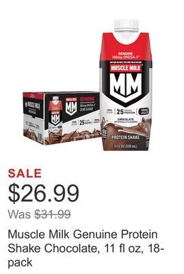 Costco Muscle milk genuine protein shake chocolate, 11 fl oz, 18-pack offer