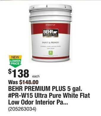 The Home Depot Behr premium plus 5 gal. #pr-w15 ultra pure white flat low odor interior paint & primer offer