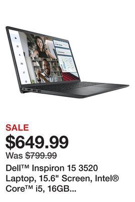 Office Depot Dell™ inspiron 15 3520 laptop, 15.6 screen, intel® core™ i5, 16gb memory, 256gb solid state drive, wi-fi 6, windows® 11 home offer