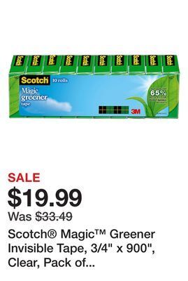 Office Depot Scotch® magic™ greener invisible tape, 3/4 x 900, clear, pack of 10 rolls offer
