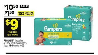 Dollar General Pampers® swaddlers or baby-dry jumbo diapers offer