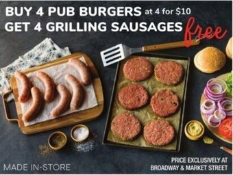 Albertsons BUY 4 PUB BURGERS at 4 for $10 GET 4 GRILLING SAUSAGES fee offer