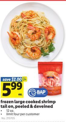 Lidl Frozen large cooked shrimp tail on, peeled & deveined offer