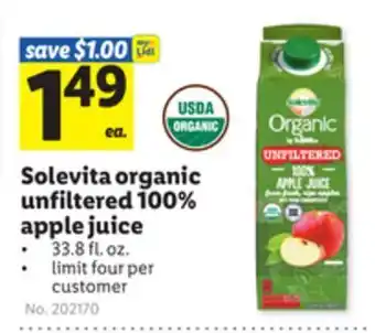 Lidl Solevita organic unfiltered 100% apple juice offer