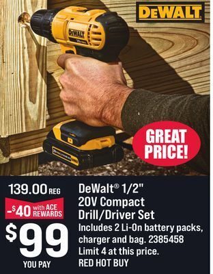 Ace Hardware Dewalt® 1/2 20v compact drill/driver set offer