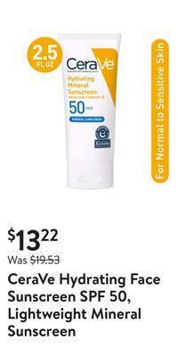 Walmart Cerave hydrating face sunscreen spf 50, lightweight mineral sunscreen offer