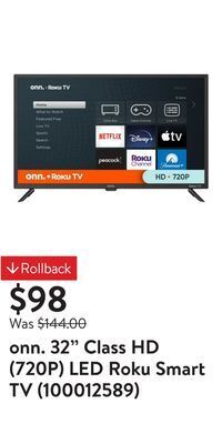 Walmart Onn. 32 class hd (720p) led roku smart tv (100012589) offer