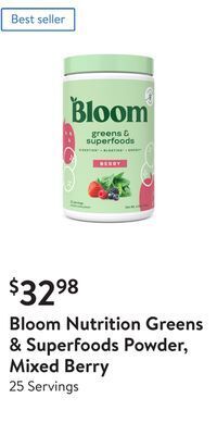 Walmart Bloom nutrition greens & superfoods powder, mixed berry offer
