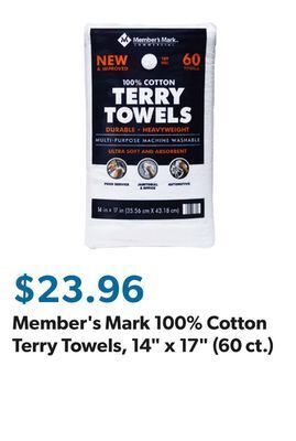 Sam's Club Member's mark 100% cotton terry towels, 14 x 17 (60 ct.) offer