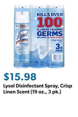 Sam's Club Lysol disinfectant spray, crisp linen scent (19 oz., 3 pk.) offer