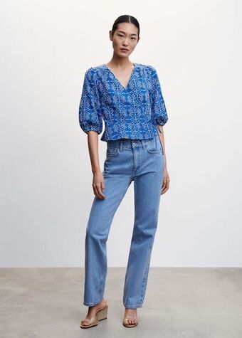 Mango Embroidered puff sleeve blouse offer