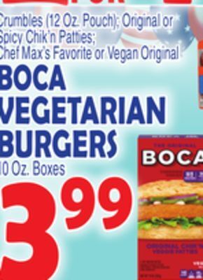 Bravo Supermarkets Boca vegetarian burgers, 10 oz. boxes offer