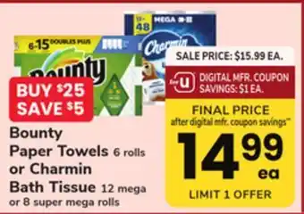 ACME Bounty paper towels 6 rolls or charmin bath tissue 12 mega or 8 super mega rolls offer