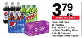 ACME Pepsi, diet pepsi or mtn dew 6-pk., 16-16.9 fl. oz. btls. or bubly sparkling water 8-pk., 12 fl. oz. cans offer