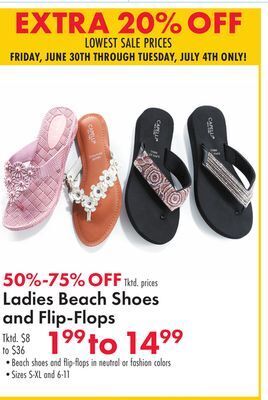 Boscov's Ladies beach shoes and flip-flops offer