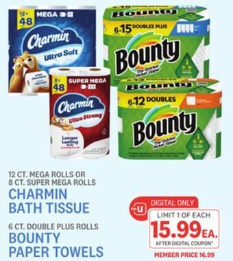 Kings Food Markets 12 ct. mega rolls or 8 ct. super mega rolls charmin bath tissue 6 ct. double plus rolls bounty paper towels offer