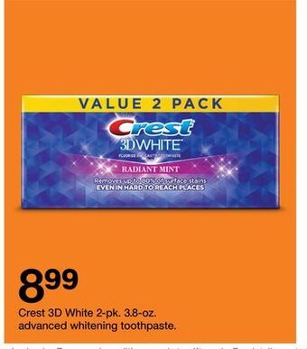 Target Crest 3d white 2-pk. 3.8-oz. advanced whitening toothpaste offer