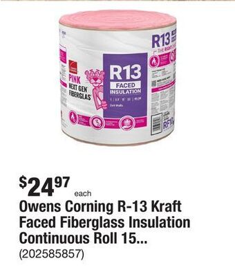 The Home Depot Owens corning r-13 kraft faced fiberglass insulation continuous roll 15 in. x 32 ft. offer