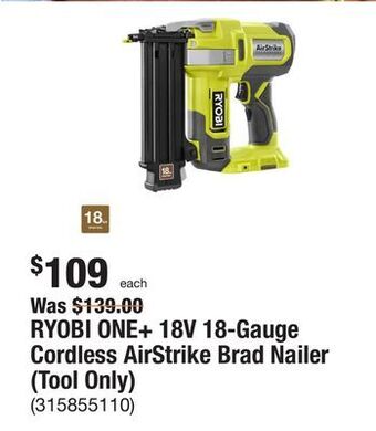The Home Depot Ryobi one+ 18v 18-gauge cordless airstrike brad nailer (tool only) offer