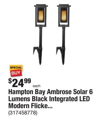 The Home Depot Hampton bay ambrose solar 6 lumens black integrated led modern flicker flame path light (2-pack) weather/water/rust resistant offer
