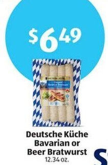 Aldi Deutsche Küche Bavarian or Beer Bratwurst 12.34 oz. offer