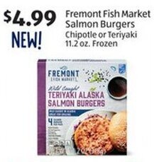 Aldi Fremont Fish Market Salmon Burgers Chipotle or Teriyaki 11.2 oz. Frozen offer