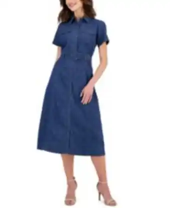 Macy's New! women's denim belted short-sleeve midi shirtdress offer