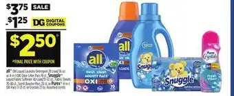 Dollar General All® oxi liquid laundry detergent or 4-in-1 oxi odor lifter pacs, snuggle® liquid fabric softener, fabric sheets, scent boost offer