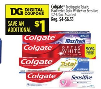 Dollar General Colgate® toothpaste total®, maxfresh®, optic white® or sensitive offer
