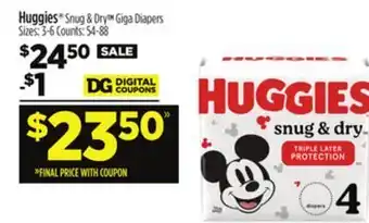 Dollar General Huggies® snug & dry™ giga diapers offer