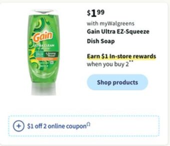 Walgreens Gain ultra ez-squeeze dish soap offer