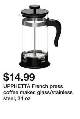 Ikea Upphetta french press coffee maker, glass/stainless steel, 34 oz offer