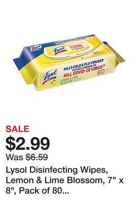 Office Depot Lysol disinfecting wipes, lemon & lime blossom, 7 x 8, pack of 80 wipes offer