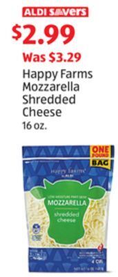 Aldi Happy farms mozzarella shredded cheese offer