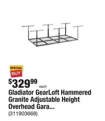 The Home Depot Gladiator gearloft hammered granite adjustable height overhead garage storage rack (48 in w x 96 in d) offer