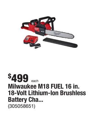 The Home Depot Milwaukee m18 fuel 16 in. 18-volt lithium-ion brushless battery chainsaw kit with 12.0 ah battery and m18 rapid charger offer