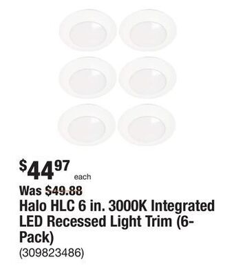 The Home Depot Halo hlc 6 in. 3000k integrated led recessed light trim (6-pack) offer