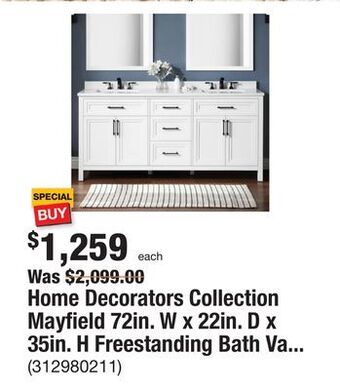 The Home Depot Home decorators collection mayfield 72in. w x 22in. d x 35in. h freestanding bath vanity in white double sinks w/ white cultu offer