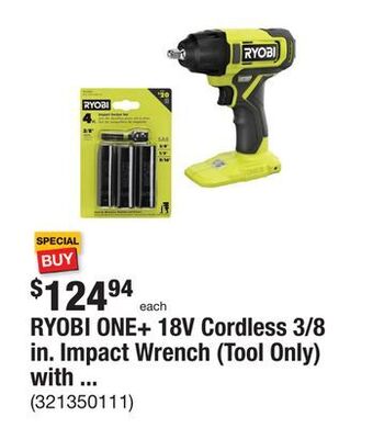 The Home Depot Ryobi one+ 18v cordless 3/8 in. impact wrench (tool only) with 3/8 in. drive sae impact socket set (4-piece) offer