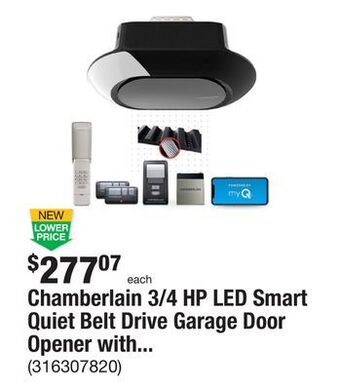 The Home Depot Chamberlain 3/4 hp led smart quiet belt drive garage door opener with battery backup offer