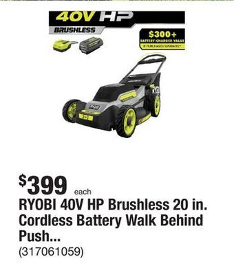 The Home Depot Ryobi 40v hp brushless 20 in. cordless battery walk behind push mower with 6.0 ah battery and charger offer