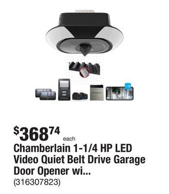 The Home Depot Chamberlain 1-1/4 hp led video quiet belt drive garage door opener with integrated camera & battery backup offer